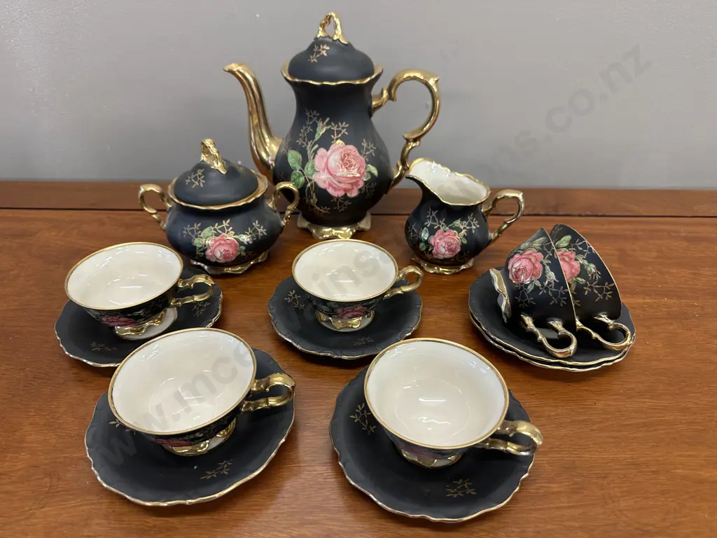 Vintage Bavaria Black & Gold Classic Rose Tea Set Image 1++